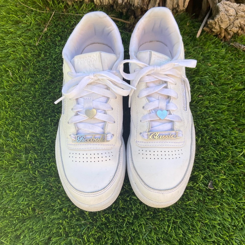 Reebok Club C 85 Sneaker with Silver Heart Charms - Women's size 8.5